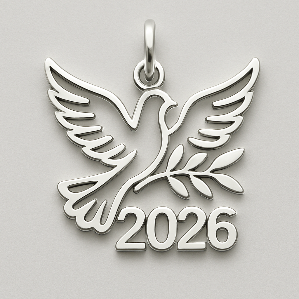 Silver cut-out charm blending together two spread out wings of a bird, an olive branch and  along year 2026