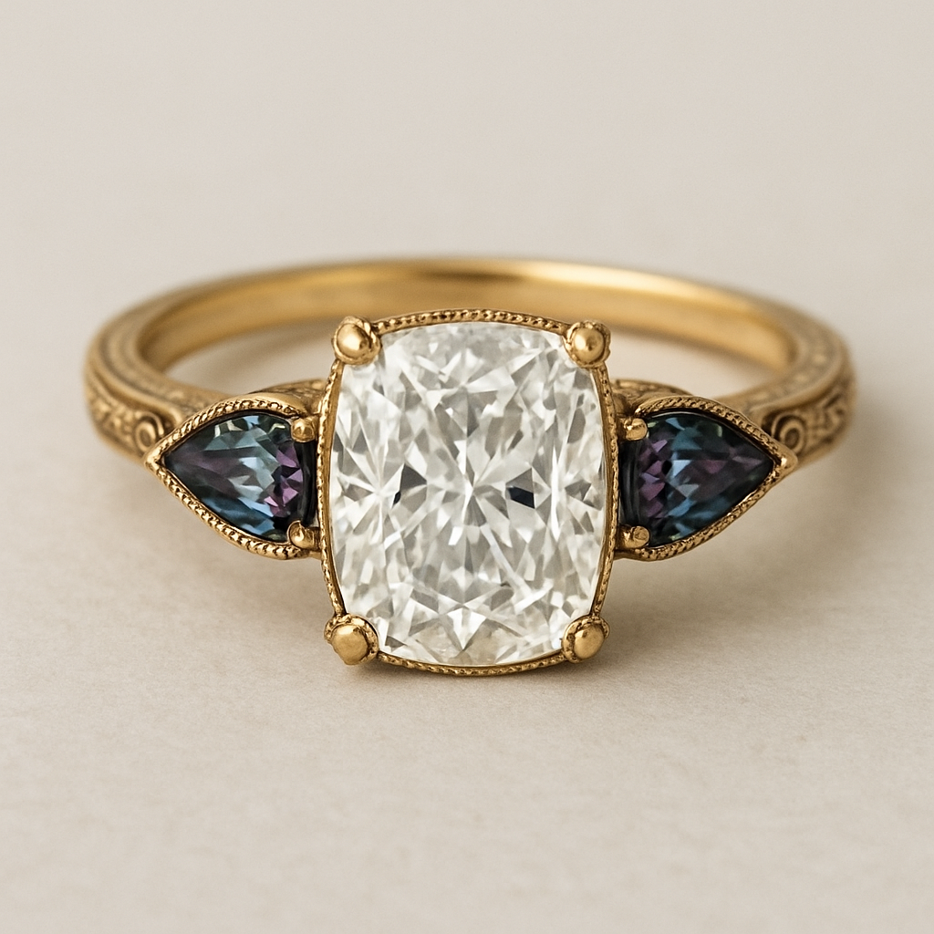 2 carat elongated cushion cut diamond engagement yellow gold ring with marquise shaped alexandrite side stones