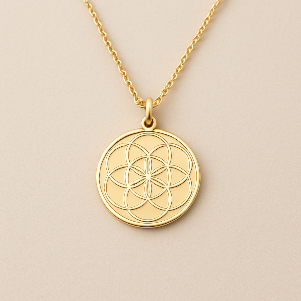 Simple pendant necklace with the pendant being round and inspired by sacred geometry
