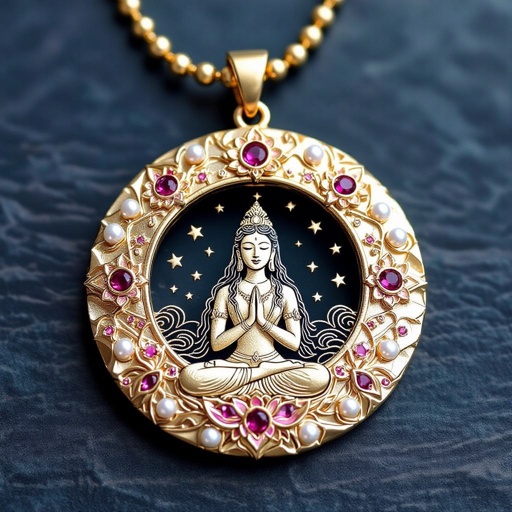 Кулон на длинной цепочке. Матовое светлое золото. В цепочке небольшие золотые шарики и розовые камушки и жемчуга. Кулон в форме неровного мятого круга. На круге изображена девушка с длинными волосами лица не видно в молитве и позе лотоса нечетко. Круг украшен лотосами звездами волнами узорами
