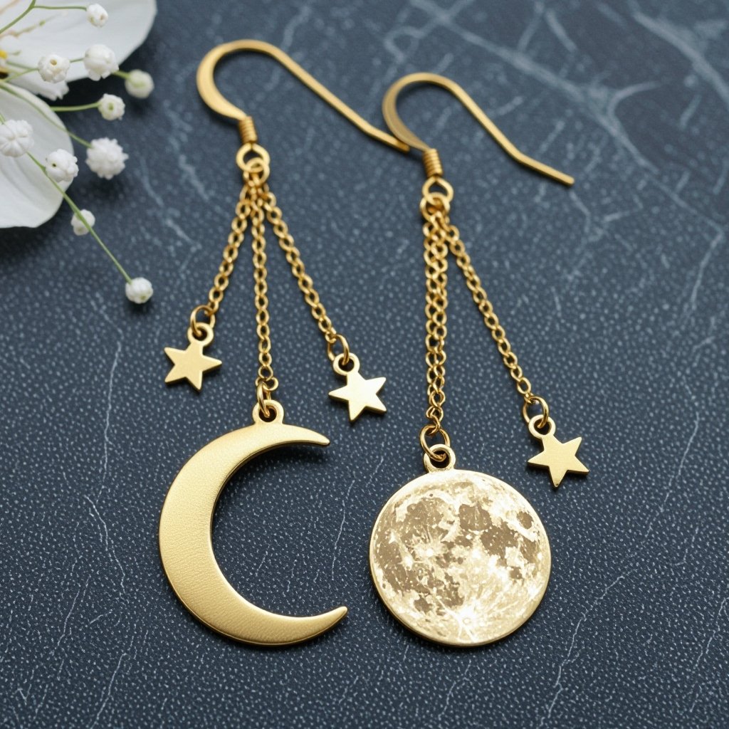 Длинные серьги золотые матовые с несколькими цепочками на каждой цепочке маленький полумесяц и полная луна