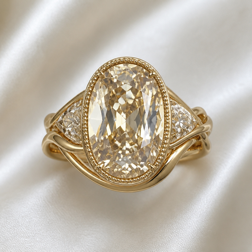 A women's ring. with a 10 ct oval
using the attached image as a visual reference, create A women's ring. with a 10 ct oval. photorealistic, just the design no text