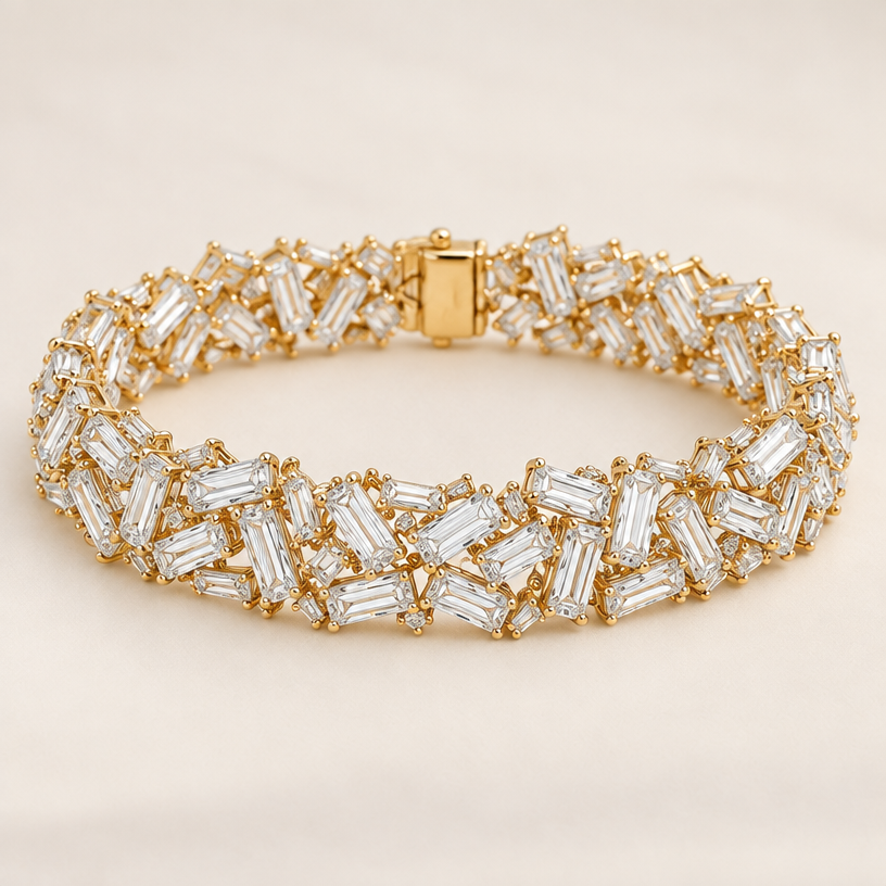 Design a yellow-gold tennis-style bracelet completely covered with clear baguette-cut diamonds. The baguette diamonds must be densely packed and overlapping, arranged in a chaotic scattered cluster. Each baguette points in a slightly different direction—some vertical, some diagonal, some horizontal—but they should touch and overlap each other with almost NO visible gaps between them. Do NOT create a thin chain with individual spaced-out stones. The bracelet should look thick, luxurious and diamond-heavy, with dozens of baguette diamonds forming one continuous irregular sparkling band around the wrist. Use very little visible gold; the diamonds should dominate the design. Match the appearance of a messy stacked baguette-diamond bracelet rather than a charm bracelet.
Design a yellow-gold tennis-style bracelet completely covered with clear baguette-cut diamonds. The baguette diamonds must be densely packed and overlapping, arranged in a chaotic scattered cluster. Each baguette points in a slightly different direction—some vertical, some diagonal, some horizontal—but they should touch and overlap each other with almost NO visible gaps between them. Do NOT create a thin chain with individual spaced-out stones. The bracelet should look thick, luxurious and diamond-heavy, with dozens of baguette diamonds forming one continuous irregular sparkling band around the wrist. Use very little visible gold; the diamonds should dominate the design. Match the appearance of a messy stacked baguette-diamond bracelet rather than a charm bracelet.
