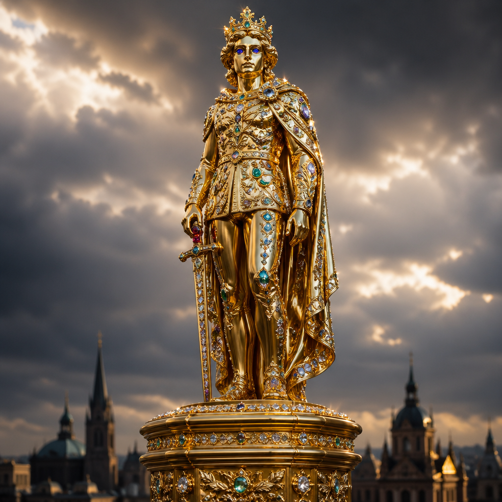Subject: A full-body golden statue of "The Happy Prince" standing on a high pedestal.
Material: Rich, shimmering 24k yellow gold with fine artisan textures.
Gemstones: Encrusted with diverse luxury gemstones. Two large, brilliant-cut sapphire eyes that sparkle with modern precision. A vivid pigeon-blood ruby set into the sword hilt.
Gem Layout: Elegant, cascading arrangement of mixed-cut gems (emerald, diamond, topaz) following the contours of the body like sparkling tears.
Style: A fusion of Victorian romanticism and contemporary jewelry art.
Lighting: Dramatic chiaroscuro, high-contrast reflections on gold surfaces, and refractive caustics from the gems.
Atmosphere: Melancholic yet divine, 8k resolution, cinematic render.
photorealistic jewelry design, Subject: A full-body golden statue of "The Happy Prince" standing on a high pedestal.
Material: Rich, shimmering 24k yellow gold with fine artisan textures.
Gemstones: Encrusted with diverse luxury gemstones. Two large, brilliant-cut sapphire eyes that sparkle with modern precision. A vivid pigeon-blood ruby set into the sword hilt.
Gem Layout: Elegant, cascading arrangement of mixed-cut gems (emerald, diamond, topaz) following the contours of the body like sparkling tears.
Style: A fusion of Victorian romanticism and contemporary jewelry art.
Lighting: Dramatic chiaroscuro, high-contrast reflections on gold surfaces, and refractive caustics from the gems.
Atmosphere: Melancholic yet divine, 8k resolution, cinematic render., victorian style, just the design no text