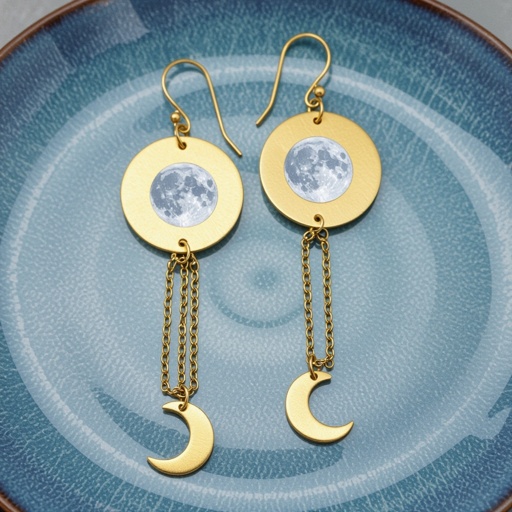 Длинные серьги золотые матовые с несколькими цепочками на каждой цепочке маленький полумесяц и полная луна 