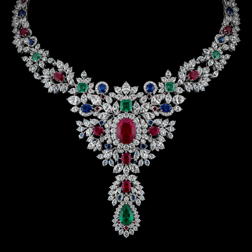 A luxury women's necklace made of platinum with ruby and sapphire and emerald stones suitable for wedding, highly ornate, intricate and elaborate, richly detailed
photorealistic jewelry design, A luxury women's necklace made of platinum with ruby and sapphire and emerald stones suitable for wedding, highly ornate, intricate and elaborate, richly detailed, luxury style, just the design no text