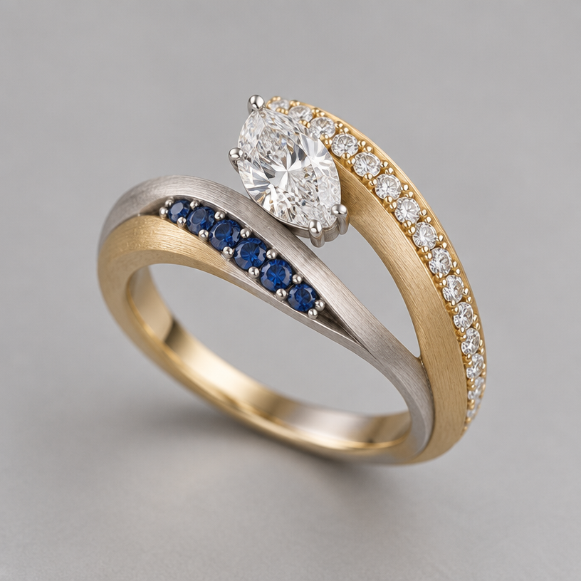 A contemporary women's ring made of mixed metal with diamond and sapphire stones suitable for daily wear. use the reference photo for gem size and shape only. do not cluster gems or take inspiration from metal shape. design ring using 33 of the small diamonds, 7 blue sapphires, and one large diamond. mixed metal should be white and yellow gold in matte finish.
using the attached image as a visual reference, create A contemporary women's ring made of mixed metal with diamond and sapphire stones suitable for daily wear. use the reference photo for gem size and shape only. do not cluster gems or take inspiration from metal shape. design ring using 33 of the small diamonds, 7 blue sapphires, and one large diamond. mixed metal should be white and yellow gold in matte finish.. photorealistic, just the design no text