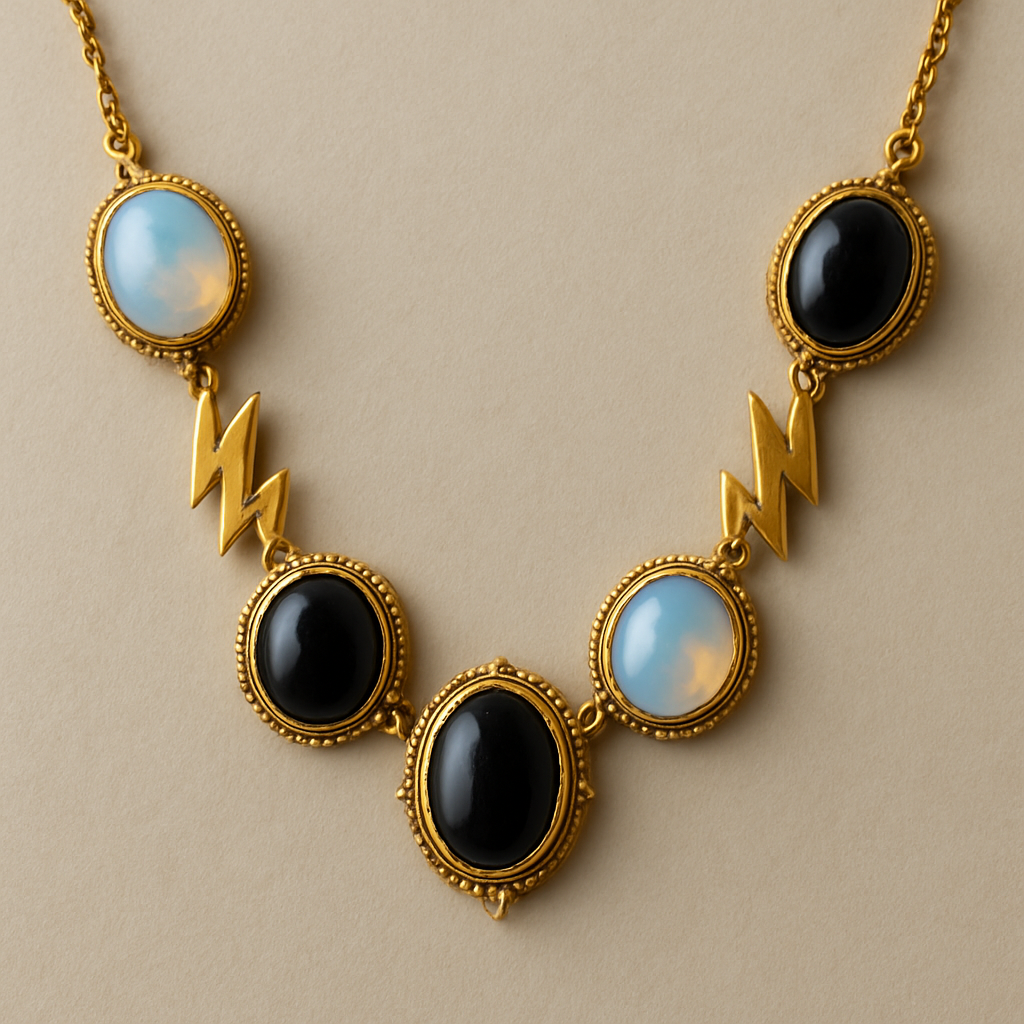 Opalite and onyx necklace linked with gold lightening strikes