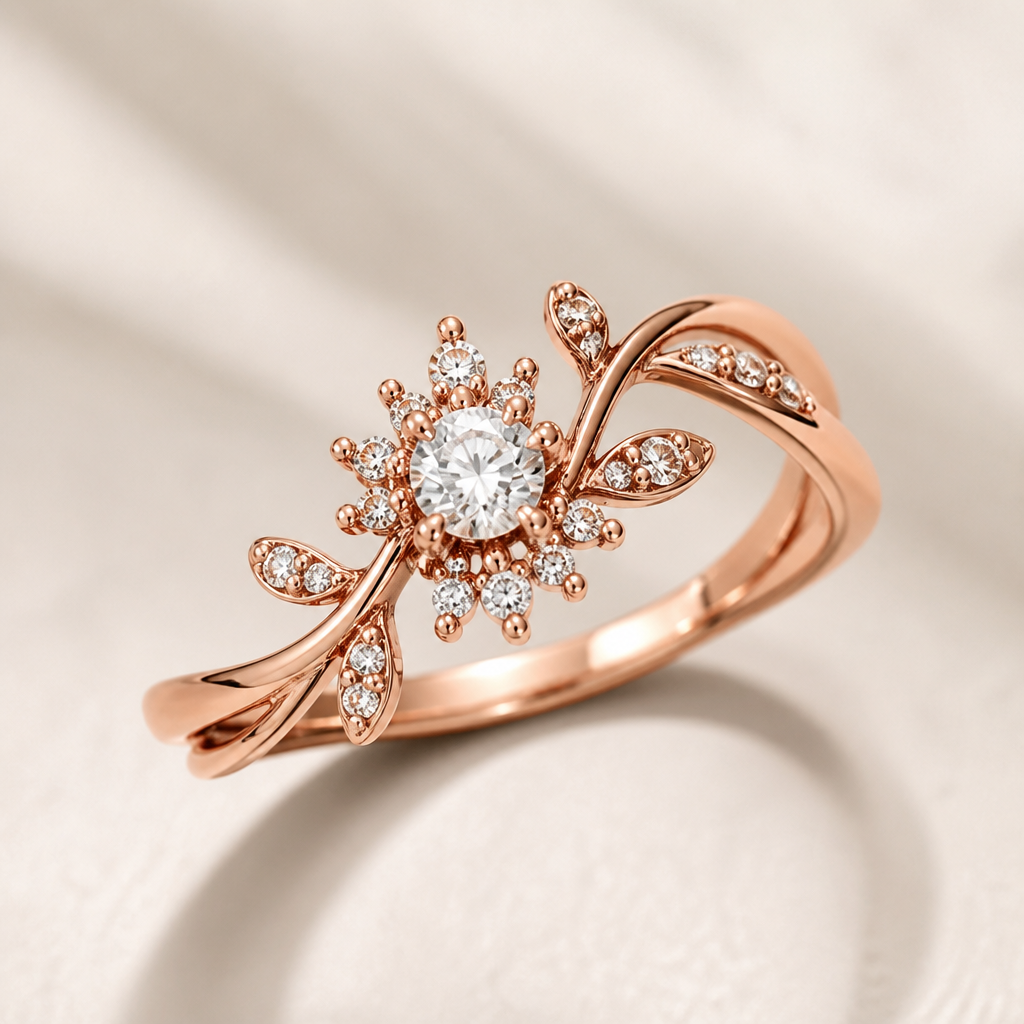 A modern women's ring made of rose gold with diamond stones suitable for gift. "A rose gold band with an open, asymmetrical design resembling a twisting vine. At the center, a single larger diamond is surrounded by a cluster of smaller diamonds, arranged like a starburst, adding a celestial and unique sparkle to the piece. The overall style is elegant and modern, with a nature-inspired twist."
photorealistic jewelry design, A modern women's ring made of rose gold with diamond stones suitable for gift. "A rose gold band with an open, asymmetrical design resembling a twisting vine. At the center, a single larger diamond is surrounded by a cluster of smaller diamonds, arranged like a starburst, adding a celestial and unique sparkle to the piece. The overall style is elegant and modern, with a nature-inspired twist.", modern style, just the design no text
