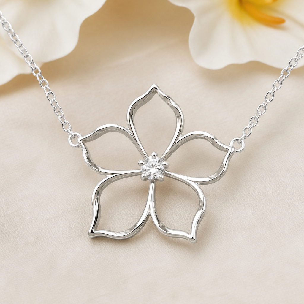 A women's necklace made of silver. hibicus ligne fine et delicat ,diamand dans le milieu, interieur de la fleur vide, plus detail, 5 petales chaine de chaque coté, exotique style qui fait pensé à hawaî, plus naturel
photorealistic jewelry design, A women's necklace made of silver. hibicus ligne fine et delicat ,diamand dans le milieu, interieur de la fleur vide, plus detail, 5 petales chaine de chaque coté, exotique style qui fait pensé à hawaî, plus naturel, modern style, just the design no text