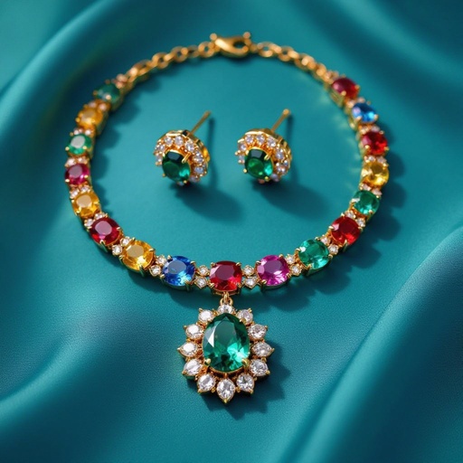 Necklace and ring and earring with luxury colorful jewel with gold