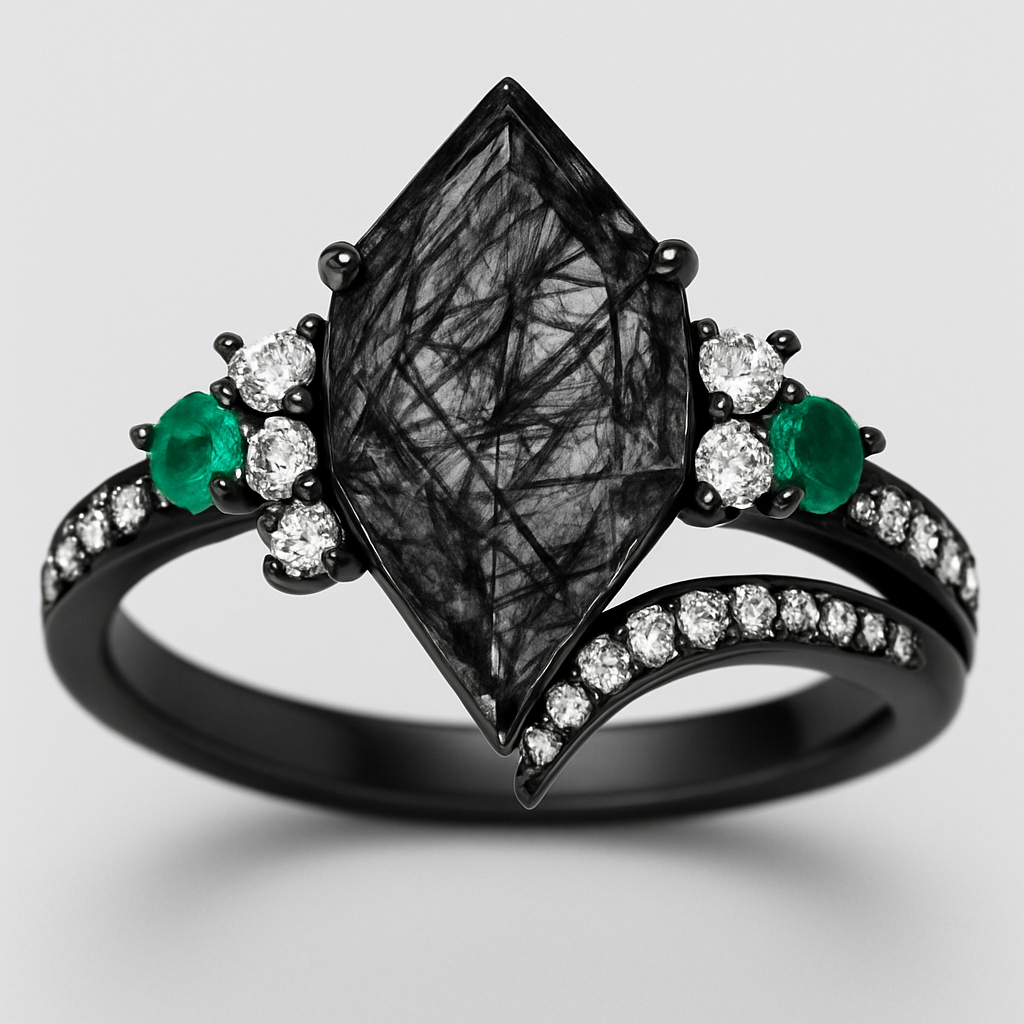 Kite cut Black rutilated quartz with 1 emerald on each side and 3 moissanite on each side accent stones in a cluster on a black band, second band black with moissanite stones that curves around the main stone 