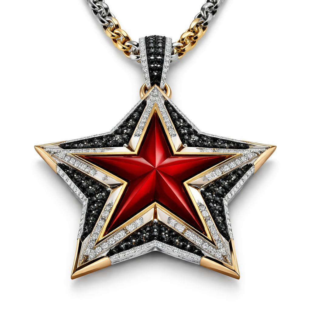 Unique modern edgy pendant with chain for men of Unique design of edges and bold shapes of nice unique star with black diamonds and white diamonds of white background combined with yellow and white gold of unique enamel red star shape