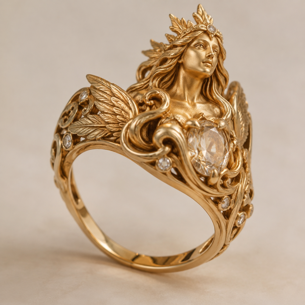 A mythological women's ring made of gold
photorealistic jewelry design, A mythological women's ring made of gold, mythological style, just the design no text