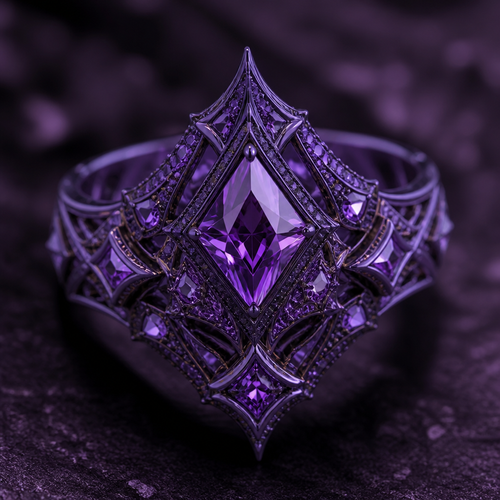 The ring should be completely purple but different hues, it is a ring made 10% out of love, 90% out of force due to an arranged marrige. It should look expensive as it comes from a noble family and it should have diamond shape looking designs
photorealistic jewelry design, The ring should be completely purple but different hues, it is a ring made 10% out of love, 90% out of force due to an arranged marrige. It should look expensive as it comes from a noble family and it should have diamond shape looking designs, fantasy style, just the design no text
