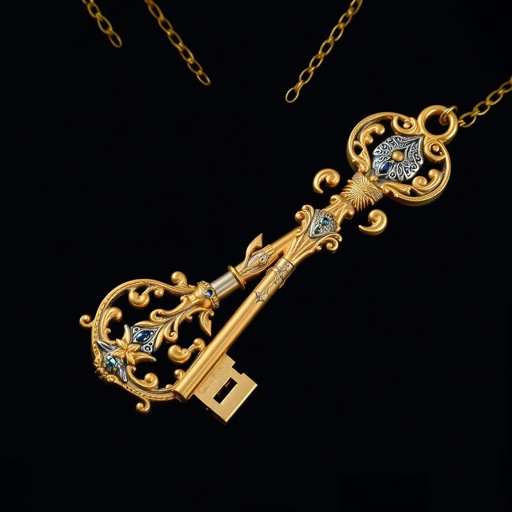Old skeleton key shape gold and silver tones with olive branch turning on leg and keffieh print on the tip