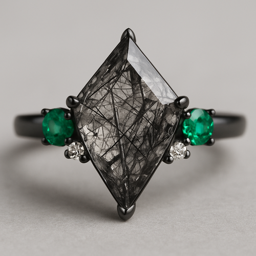 Kite cut Black rutilated quartz with emerald and moissanite accent stones on a black band
