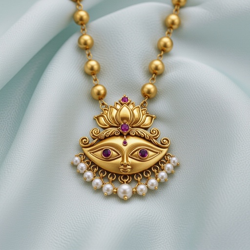 Кулон на длинной цепочке. Матовое светлое золото. В цепочке небольшие золотые шарики и жемчуг. Кулон в виде двух глаз над ними лотос с маленьким красным камнем внутри узоры завитушки 