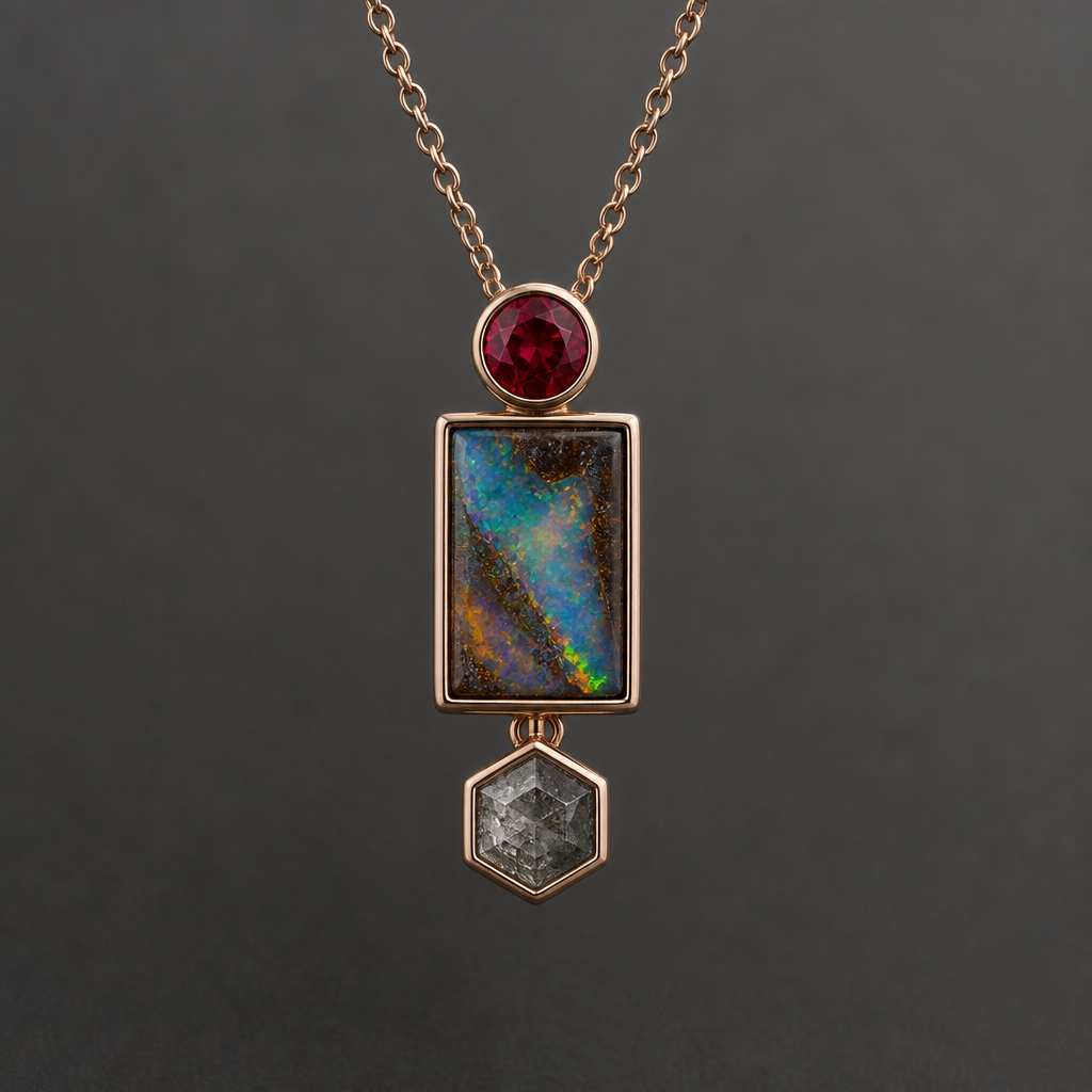 5mm round red beryl, rectangle boulder opal, 5mm hexagon salt and pepper diamond pendant
photorealistic jewelry design, 5mm round red beryl, rectangle boulder opal, 5mm hexagon salt and pepper diamond pendant, contemporary style, just the design no text