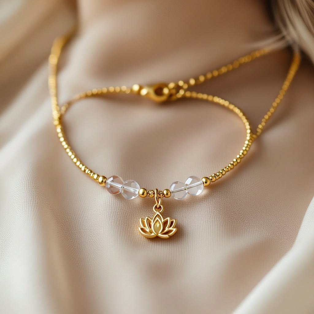 Чокер из натурального кварца с золотой маленькой подвеской в форме лотоса