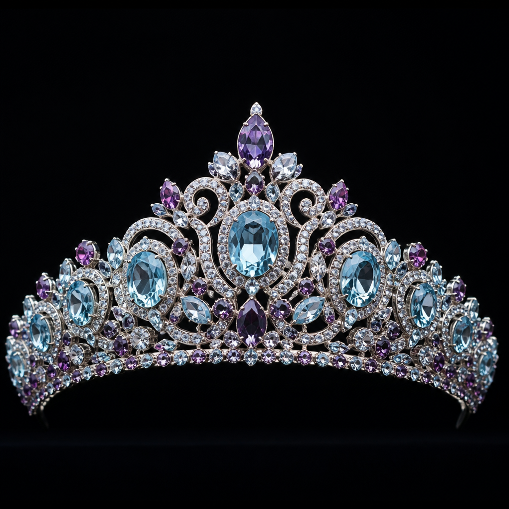 A royal women's tiara made of white gold with aquamarine and amethyst stones suitable for formal, highly ornate, intricate and elaborate, richly detailed
photorealistic jewelry design, A royal women's tiara made of white gold with aquamarine and amethyst stones suitable for formal, highly ornate, intricate and elaborate, richly detailed, royal style, just the design no text