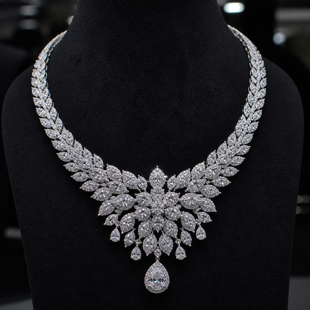 A luxury women's necklace made of silver with diamond stones. full ice
photorealistic jewelry design, A luxury women's necklace made of silver with diamond stones. full ice, luxury style, just the design no text