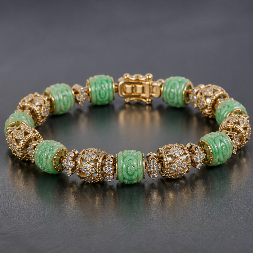 A modern women's bracelet with diamond stones suitable for gift, highly ornate, intricate and elaborate, richly detailed. Create a 6-inch bracelet using the 12 beads shown in the attached picture. Each bead is 9.7 millimeters long.
using the attached image as a visual reference, create A modern women's bracelet with diamond stones suitable for gift, highly ornate, intricate and elaborate, richly detailed. Create a 6-inch bracelet using the 12 beads shown in the attached picture. Each bead is 9.7 millimeters long.. photorealistic, just the design no text