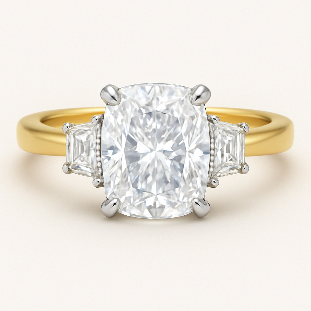 Make a rendering for an engagement ring with a 5.04 ct (12.07x8.36x5.73mm) with 2 .75ct trapezoids (6.3x4.9x5.2mm) with a gold band that’s a 5.5 ring size, yellow gold band with white gold setting