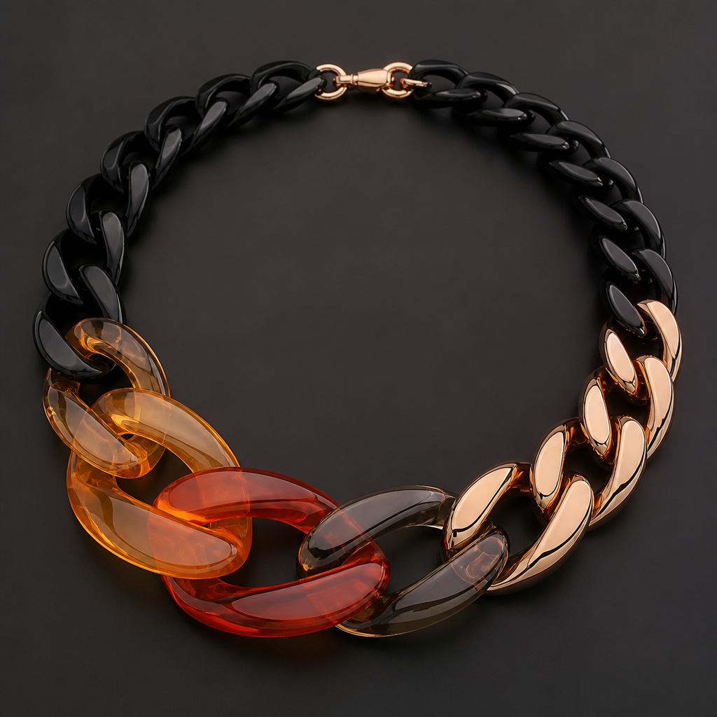 A women's necklace. create a chunky Cuban links style plastic necklace that is graduated and exaggerated in the first three links of translucent colors with the back part being black and the front copper
photorealistic jewelry design, A women's necklace. create a chunky Cuban links style plastic necklace that is graduated and exaggerated in the first three links of translucent colors with the back part being black and the front copper, modern style, just the design no text