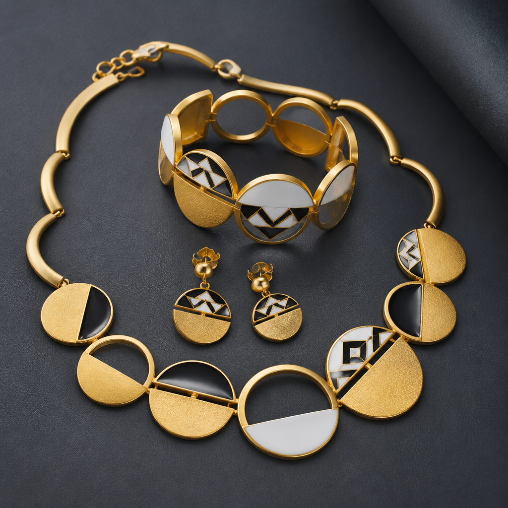 Prompt: A luxurious 21k gold jewelry set consisting of a necklace, bracelet, and earrings. The design is a sophisticated blend of semicircles and circular rings. The gold has a rich, deep yellow color with a distinct matte texture and soft satin finish. Decorated with intricate, delicate enamel work (enameling) in contrasting solid black and pure white colors. High-end jewelry design, professional macro photography, soft studio lighting highlighting the matte gold texture and sharp enamel details, minimalist dark grey background, 8k resolution. --ar 4:3 --v 6.0