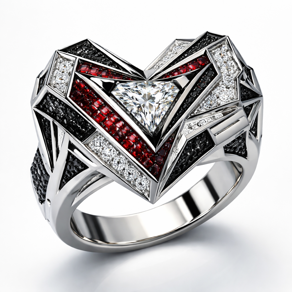 Geomatric ring of egdes and architecture shapes and bold of diamonds black and white and red of white background of edgy style and elements shape heart