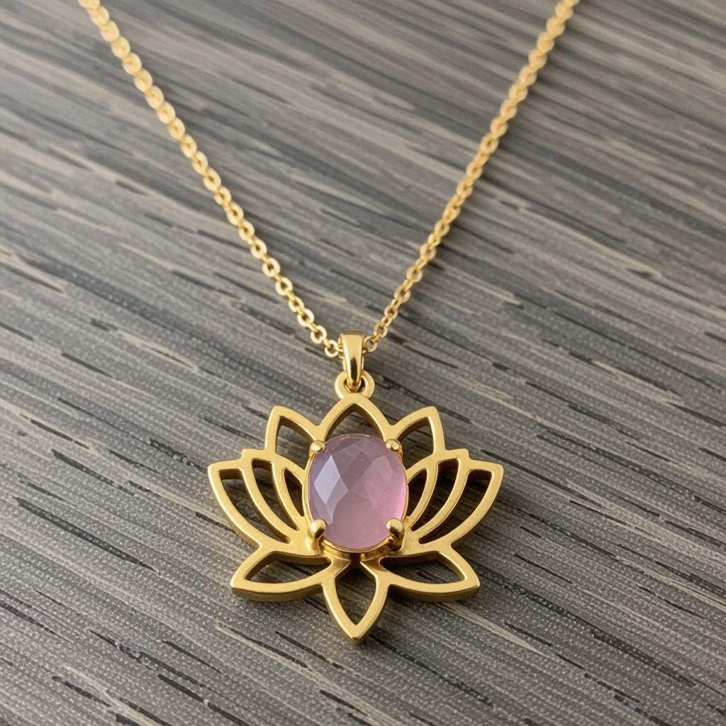 Золотая матовая цепочка. Подвеска матовая лотос шесть лепестков нижние лепестки крупнее верхних  не круглый . В сердце лотоса матовый розовый кварц овальный