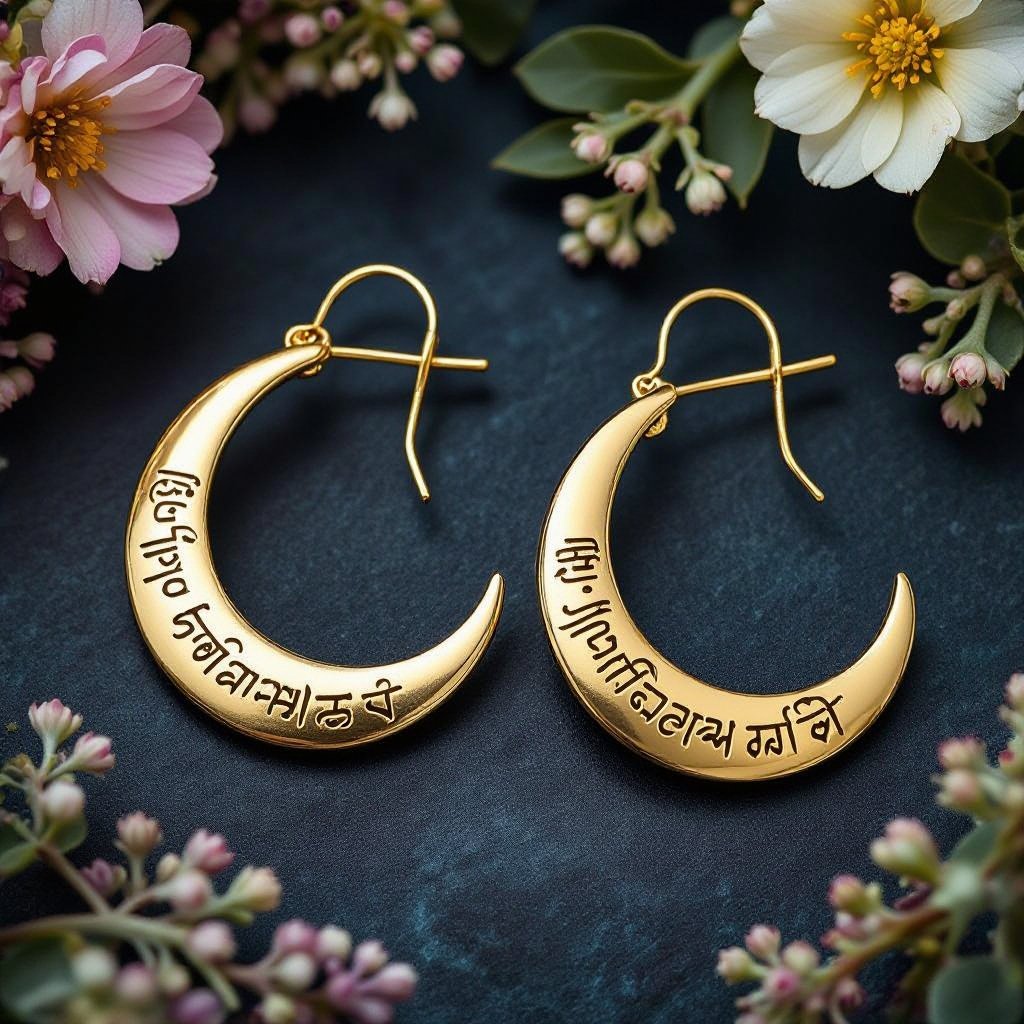 Серьги золотые в форме тонкого изящного полумесяца, полукруг как продолжение застежки, на полукруге надписи мантрами на санскрите