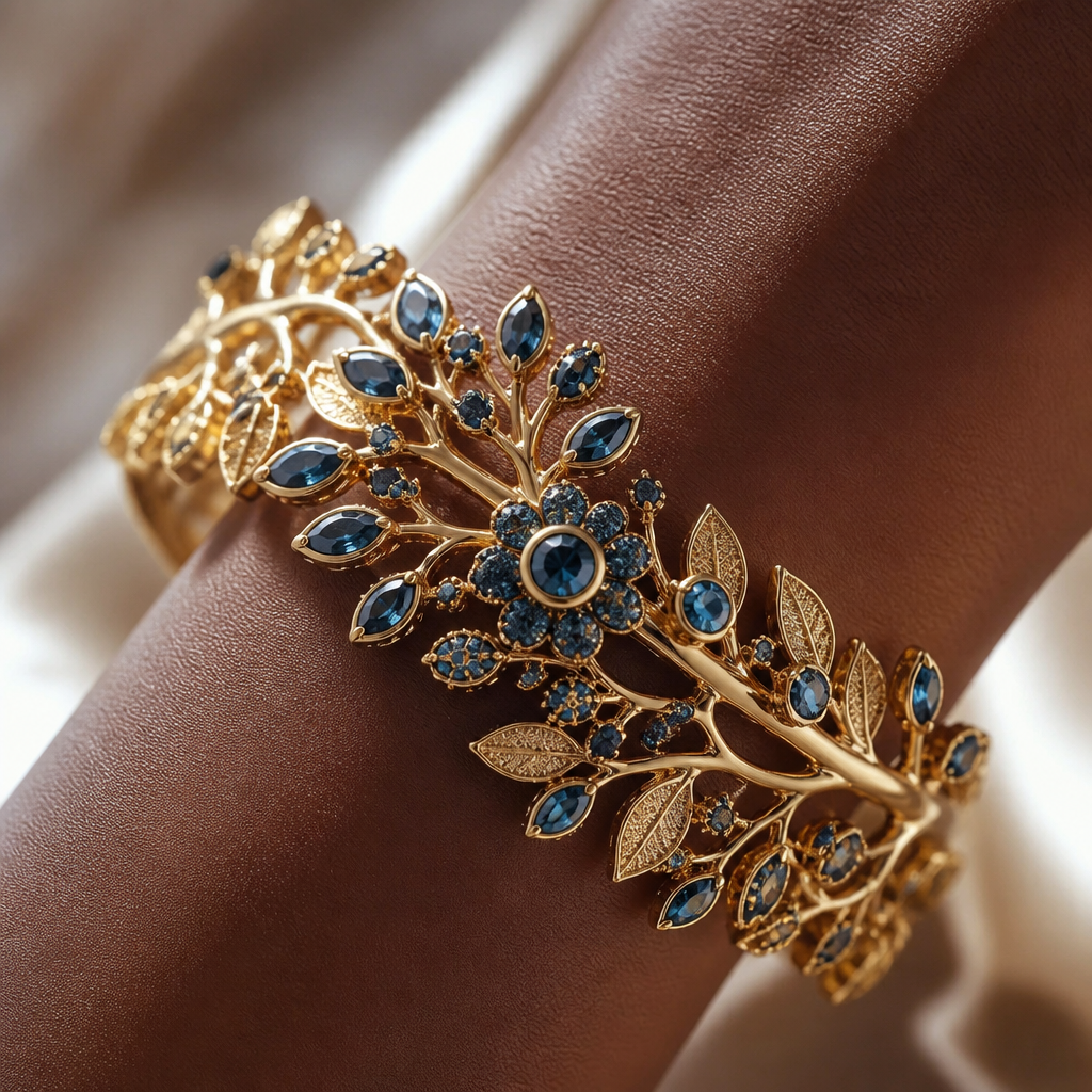A african women's bracelet made of gold with sapphire stones suitable for formal, highly ornate, intricate and elaborate, richly detailed. delicado y sencillo y con unas ramitas
photorealistic jewelry design, A african women's bracelet made of gold with sapphire stones suitable for formal, highly ornate, intricate and elaborate, richly detailed. delicado y sencillo y con unas ramitas, african style, just the design no text