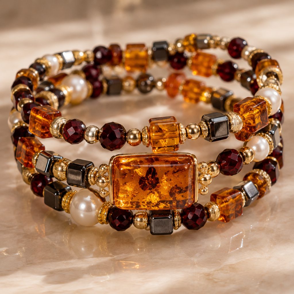 A stackable women's bracelet made of gold with garnet and topaz stones. Браслет на мемори проволоки многорядный , камень янтарь, форма бусины кубик 7×7мм , добавить бусины изтгематита, жемчуга, граната Браслет с красивым центральным элементом из янтаря
photorealistic jewelry design, A stackable women's bracelet made of gold with garnet and topaz stones. Браслет на мемори проволоки многорядный , камень янтарь, форма бусины кубик 7×7мм , добавить бусины изтгематита, жемчуга, граната Браслет с красивым центральным элементом из янтаря, stackable style, just the design no text