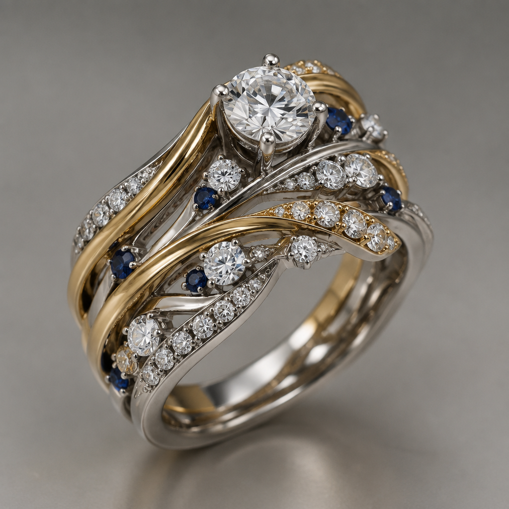 A contemporary women's ring made of mixed metal with diamond stones. 33 diamonds ranging in size, but no larger than .25 of a carat. add one .5 carat solitaire diamond and 7 tiny sapphire chips.
photorealistic jewelry design, A contemporary women's ring made of mixed metal with diamond stones. 33 diamonds ranging in size, but no larger than .25 of a carat. add one .5 carat solitaire diamond and 7 tiny sapphire chips., contemporary style, just the design no text