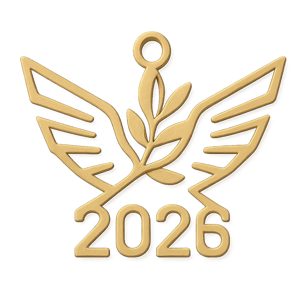 Matte Golden cut-out charm only with  two spread out bird wings, an olive branch and  along year 2026
