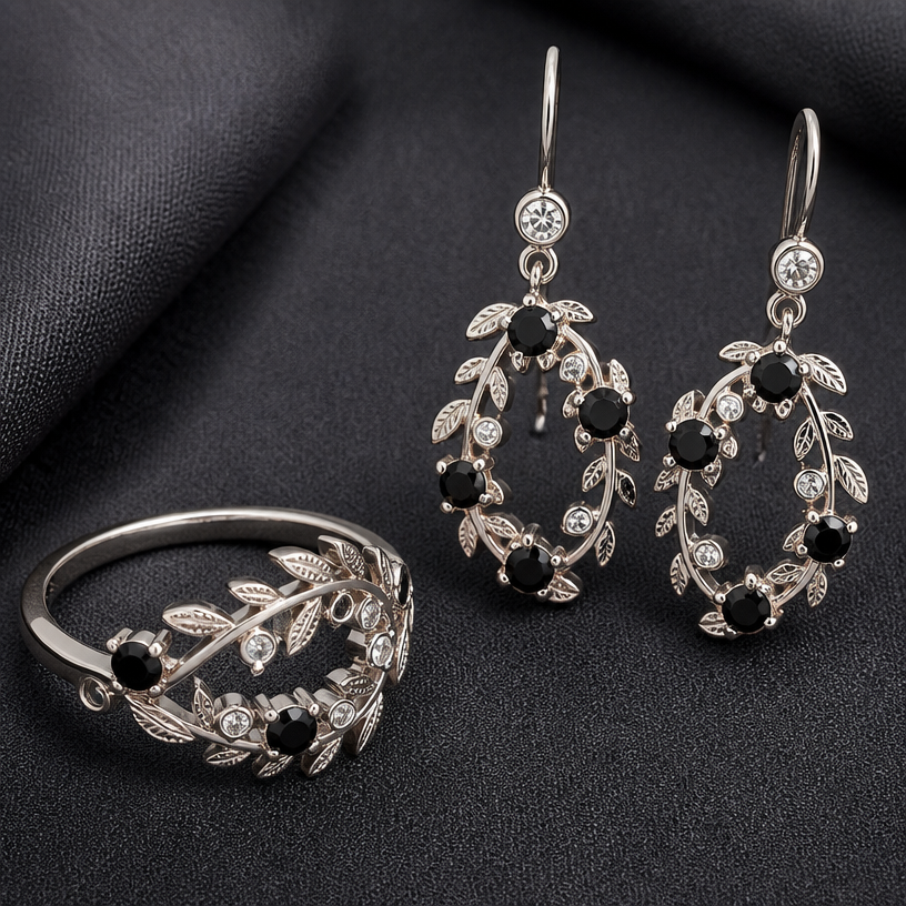 A women's ring. Black and clear gemstone earrings
using the attached image as a visual reference, create A women's ring. Black and clear gemstone earrings. photorealistic, just the design no text