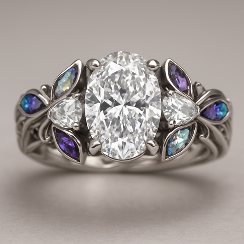 A silver engagement ring that has an oval lab diamond in the center and one on each side of the center one with more leaf design for the band to make it look bigger. The leaves should have a combo of opal and amethyst stones in them.  The band needs to have luxury twists design. Make the ring look more enchanting and more expensive.