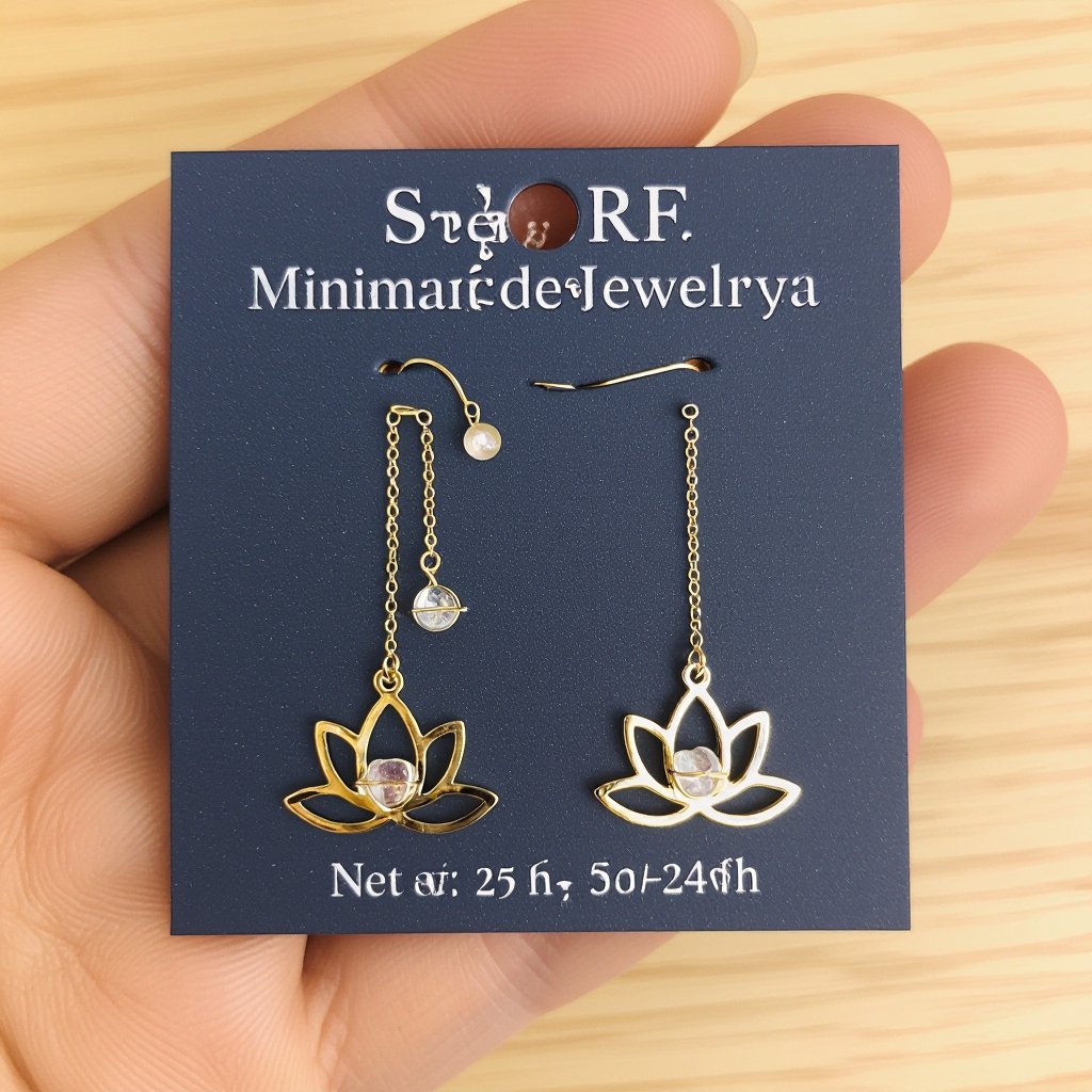 Серьги золото изящный маленький плоский лотос с необработанным маленьким хрусталем в центре, от лотоса идет золотая цепочка вниз с еще одним маленьким камушком хрусталя