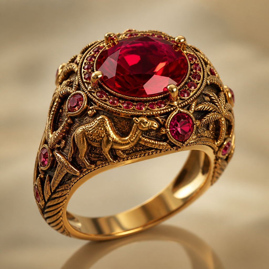 A golden ring with rubies as the main gem and red diamonds as the accessories. Make it desert themed for royalty.
photorealistic jewelry design, A golden ring with rubies as the main gem and red diamonds as the accessories. Make it desert themed for royalty., vintage style, just the design no text