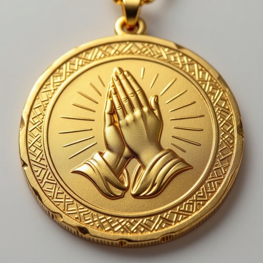 Золотой матовый медальон похожий на мятую монету с неровными краями. По кругу выгравированы изящные узоры. В центре выпуклые ладони, сложенные в молитве и от них исходит свет
