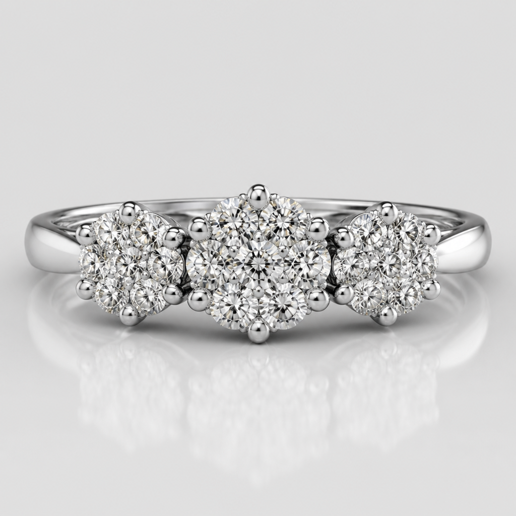 White gold or silver with diamond clusters
photorealistic jewelry design, White gold or silver with diamond clusters, three_stone style, just the design no text