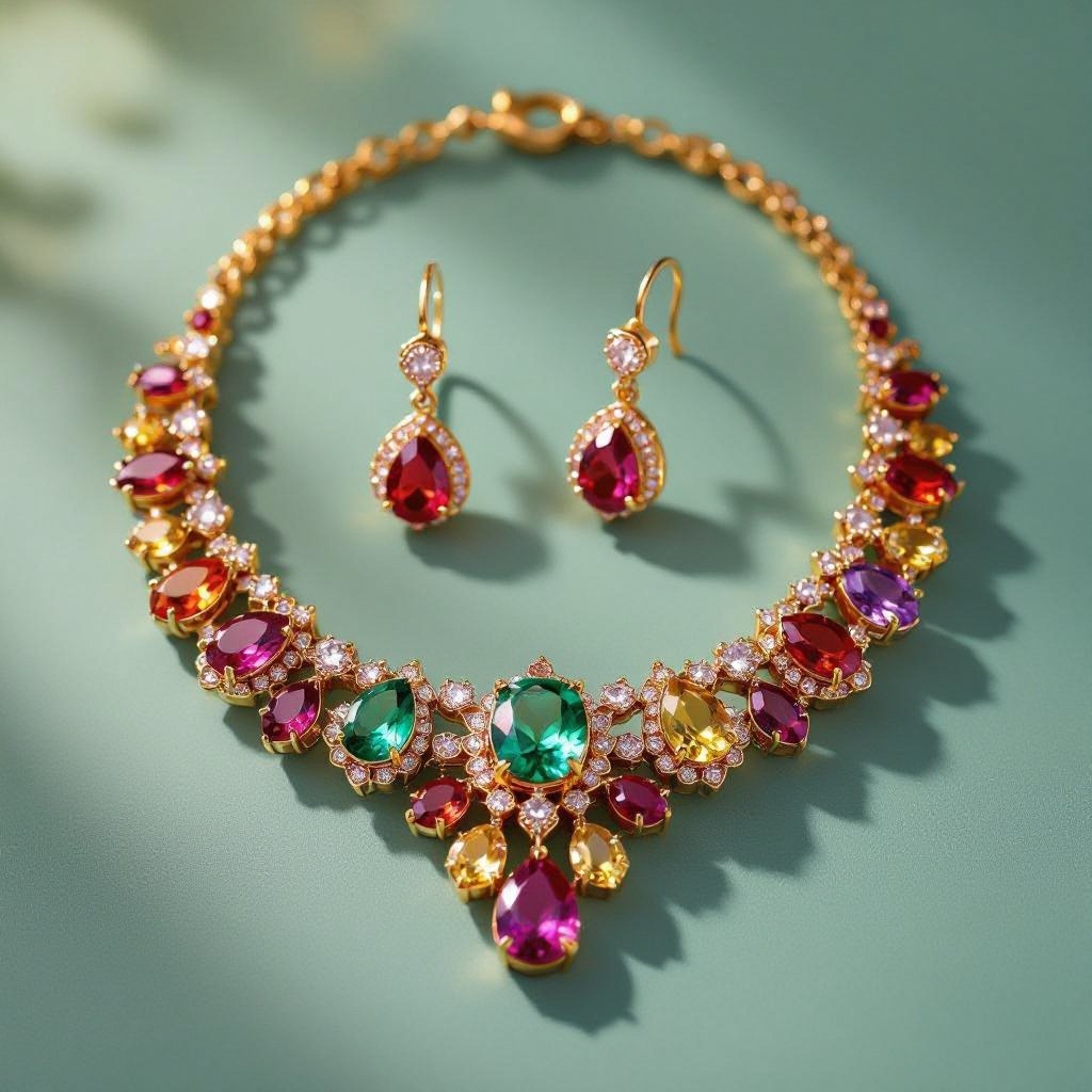 Necklace and ring and earring with luxury colorful jewel with gold