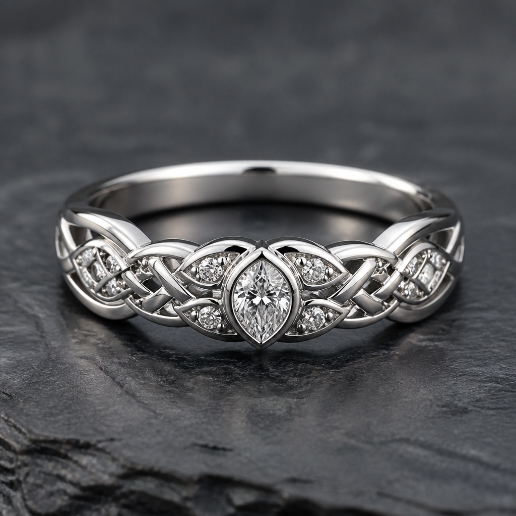 A celtic women's ring made of platinum with diamond stones suitable for formal
photorealistic jewelry design, A celtic women's ring made of platinum with diamond stones suitable for formal, celtic style, just the design no text