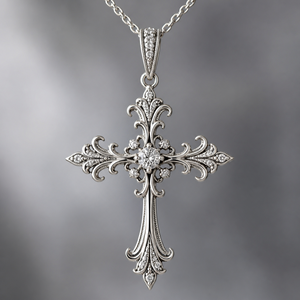A vintage women's pendant made of silver suitable for daily wear. An extraordinary excellent beautiful delicate and elegant, super modern Cross.
photorealistic jewelry design, A vintage women's pendant made of silver suitable for daily wear. An extraordinary excellent beautiful delicate and elegant, super modern Cross., vintage style, just the design no text