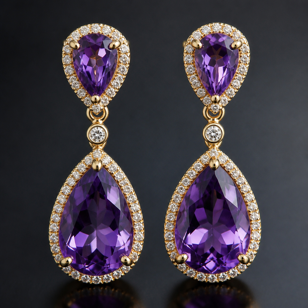 A gemstone-focused women's earrings made of gold with amethyst and diamond stones
photorealistic jewelry design, A gemstone-focused women's earrings made of gold with amethyst and diamond stones, gemstone_focused style, just the design no text