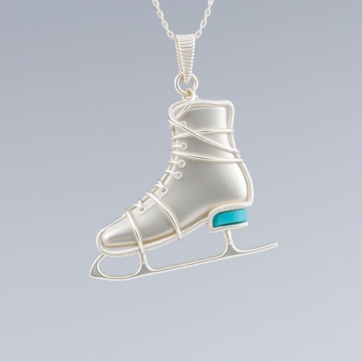 Silver Pendant shape one ice skate with turquoise stripe inside the low thin part blade