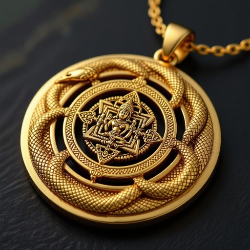 Золотой матовый кулон в виде круга, по окружности золотая тонкая змея в центре изображена янтра богини кали