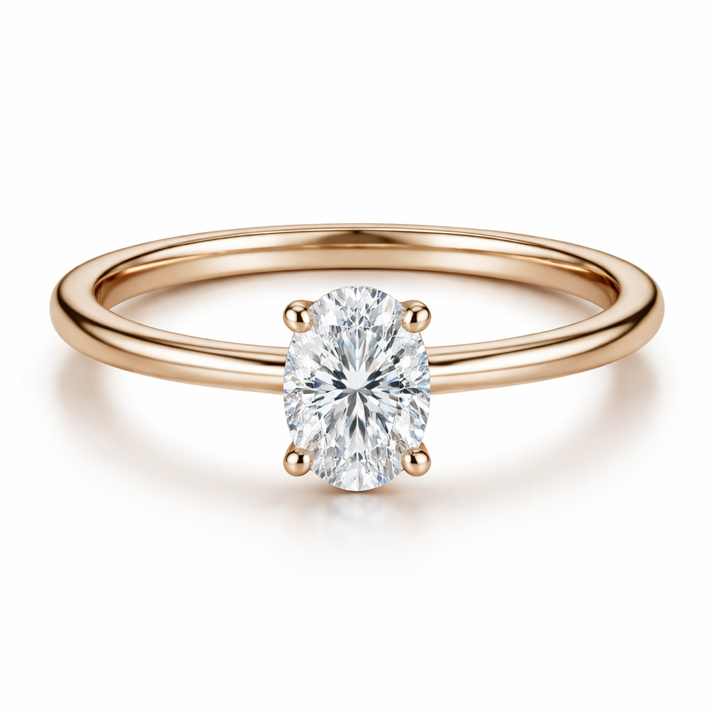 A modern women's ring made of rose gold with diamond stones suitable for engagement. an oval cut diamond with just the one diamond in the center and make the band gold